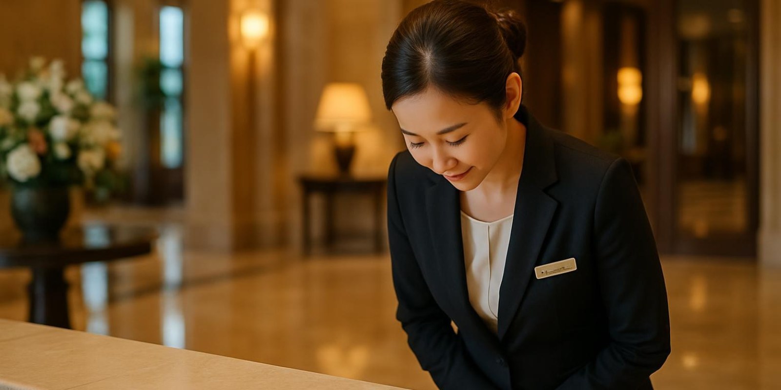 Xin chào tiếng Trung: Hướng dẫn đầy đủ từ cơ bản đến ứng dụng 3 Một nhân viên chào hỏi vị khách trong sảnh khách sạn
