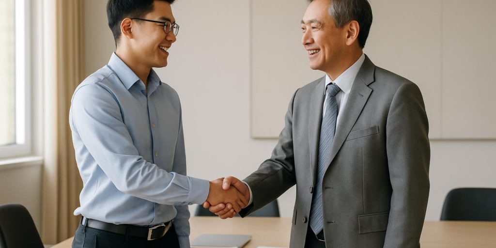 Xin chào tiếng Trung: Hướng dẫn đầy đủ từ cơ bản đến ứng dụng 1 Người trẻ và người lớn bắt tay chào hỏi trong môi trường văn phòng