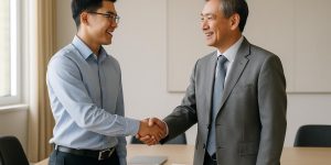 Người trẻ và người lớn bắt tay chào hỏi trong môi trường văn phòng