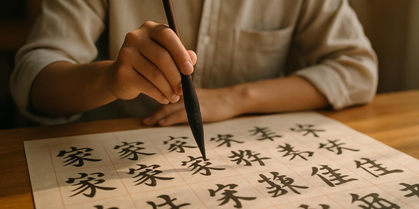 Bàn gỗ với bút lông và giấy, người đang luyện viết chữ Hán, chữ không rõ nét
