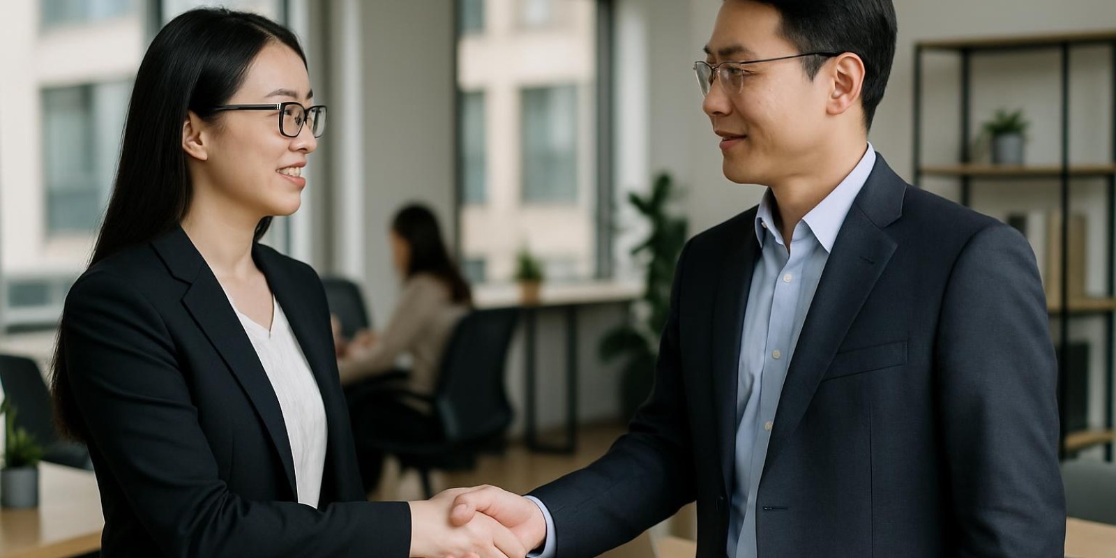 Cuộc gặp văn phòng giữa đồng nghiệp Trung Quốc đang bắt tay chào hỏi
