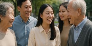 Nhóm người Trung Quốc nhiều thế hệ đang trò chuyện ngoài trời