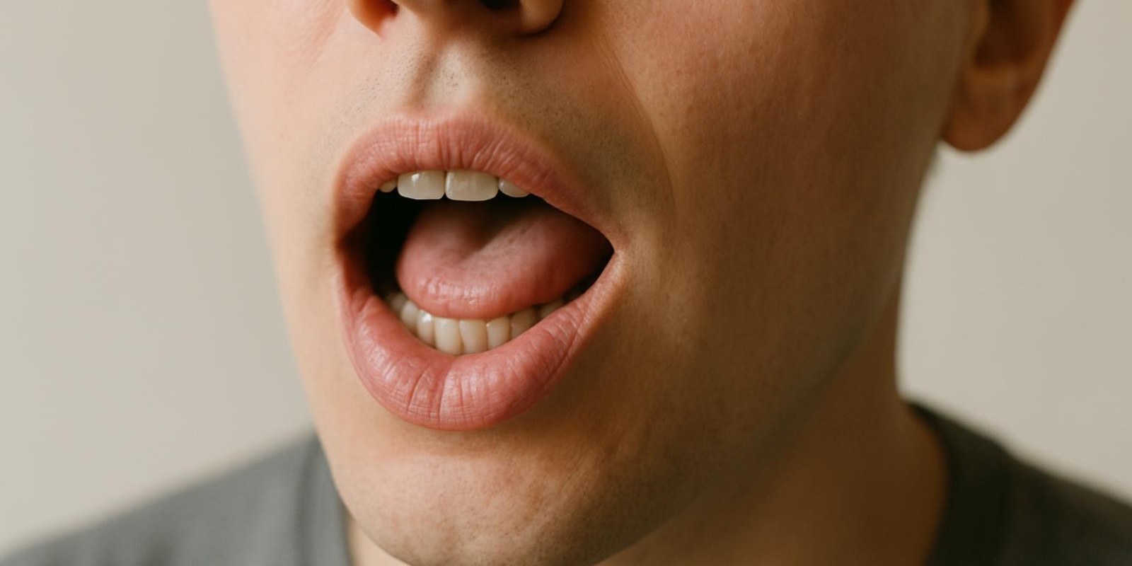 Cận cảnh miệng một người đang phát âm, thấy chuyển động môi và lưỡi khi nói