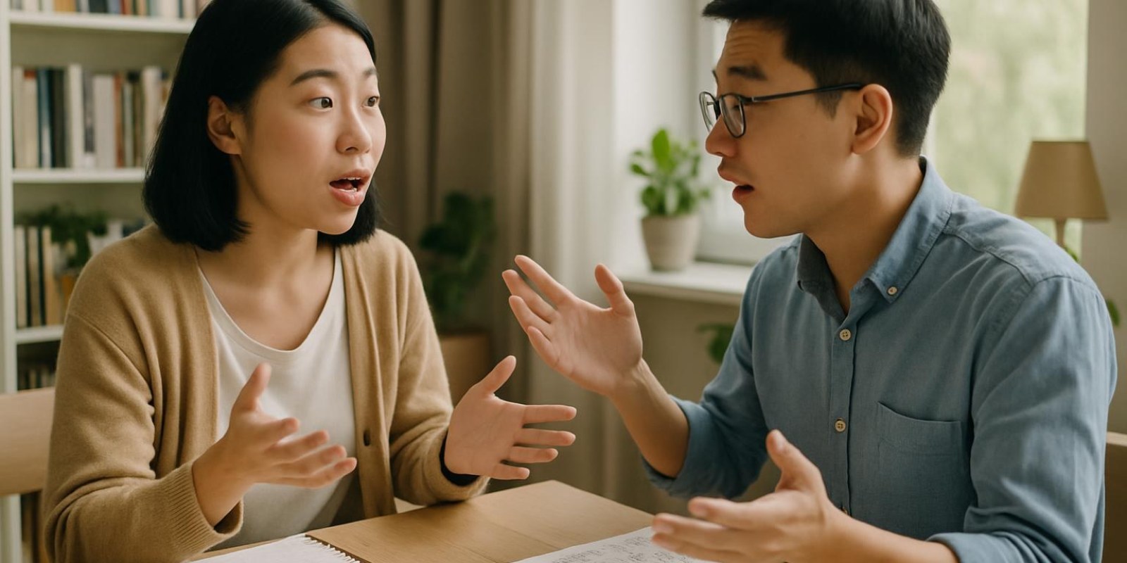Hai học viên đối thoại ngắn, chú ý vào âm sắc và gương mặt khi nói