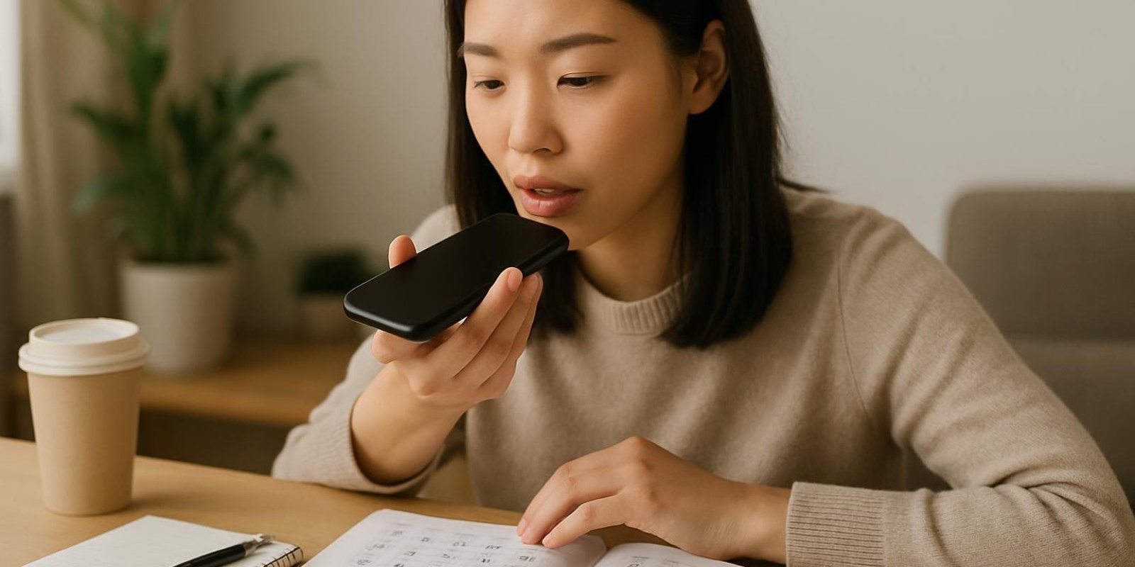 Một người đang ghi âm bằng điện thoại, nhìn vào màn hình để so sánh âm thanh