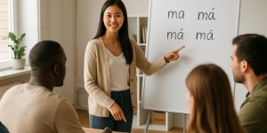 Một lớp học tiếng Trung nhỏ, giáo viên chỉ vào bảng trắng cùng học viên chú ý lắng nghe