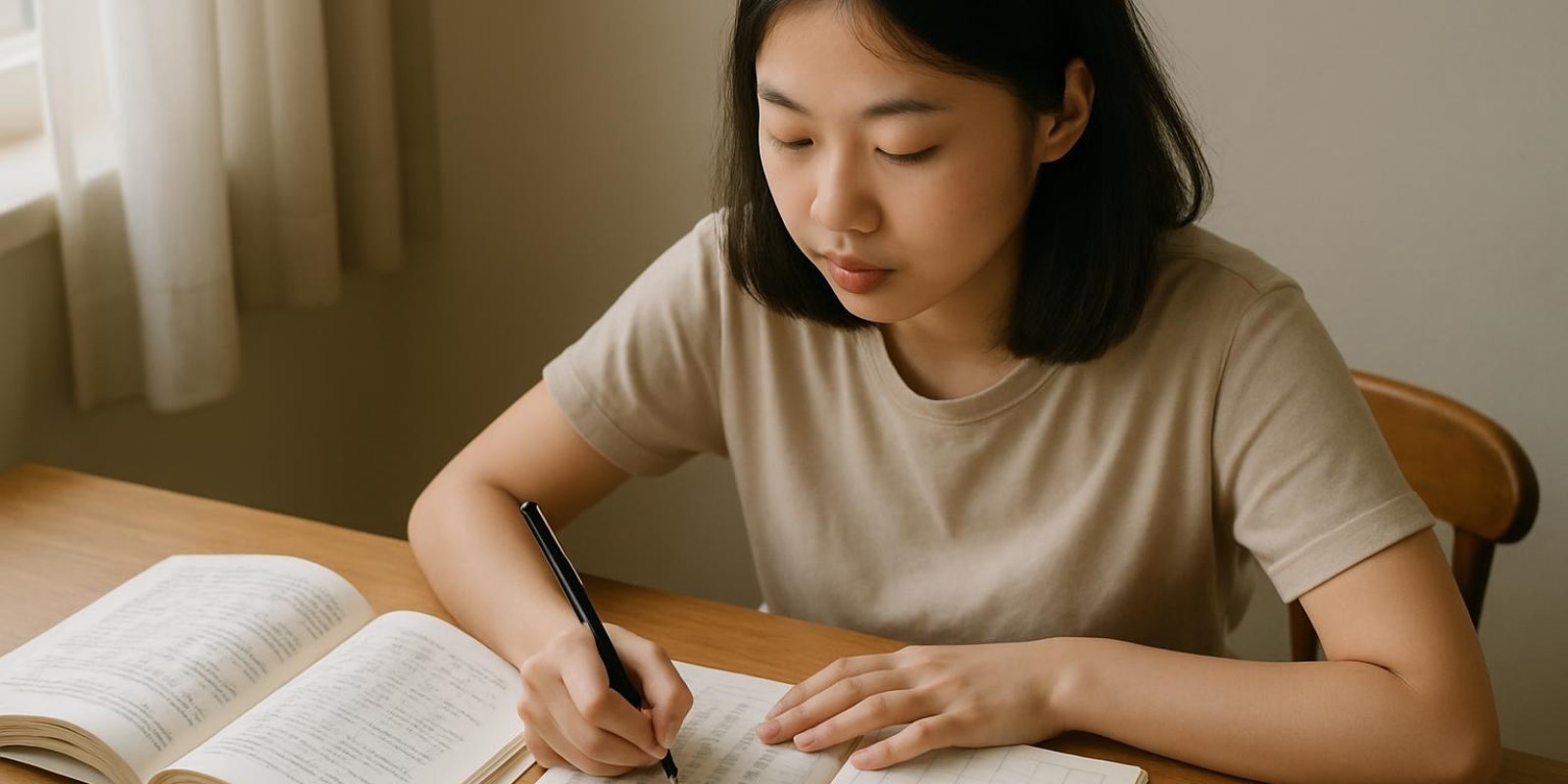 Một sinh viên châu Á viết chữ Hán trên sổ, bên cạnh có cuốn sách tiếng Trung mở