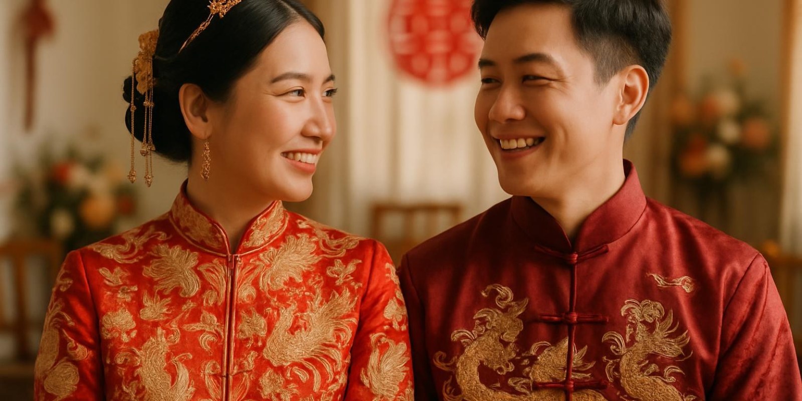 Một đôi vợ chồng Trung Quốc trong lễ cưới truyền thống nhìn nhau hạnh phúc