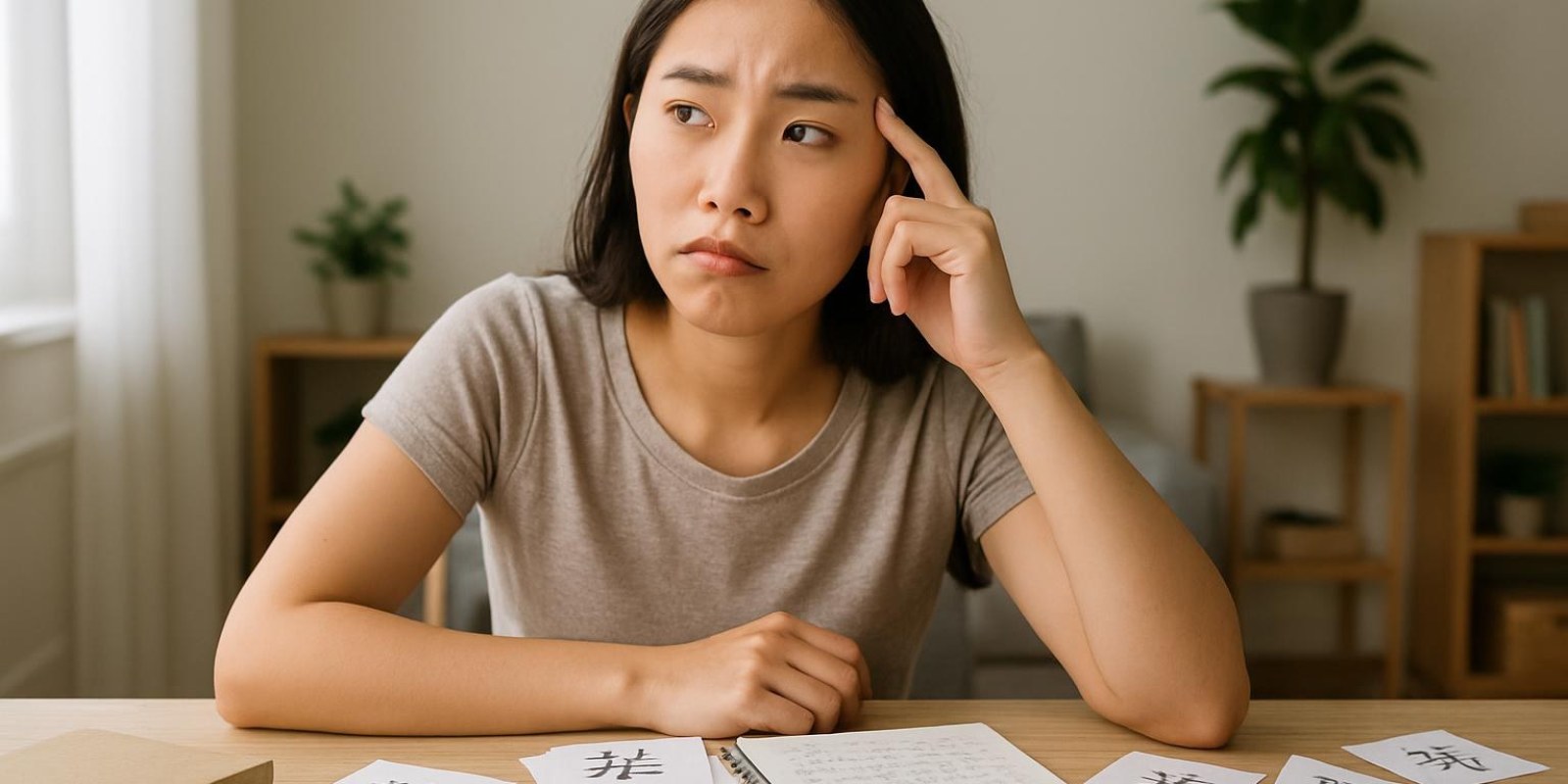 Người học ngồi trước bàn với flashcards tiếng Trung, vẻ bối rối đang suy nghĩ