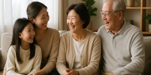 Một gia đình châu Á nhiều thế hệ cười hạnh phúc quây quần trong phòng khách, ánh sáng ấm áp, khung cảnh tự nhiên