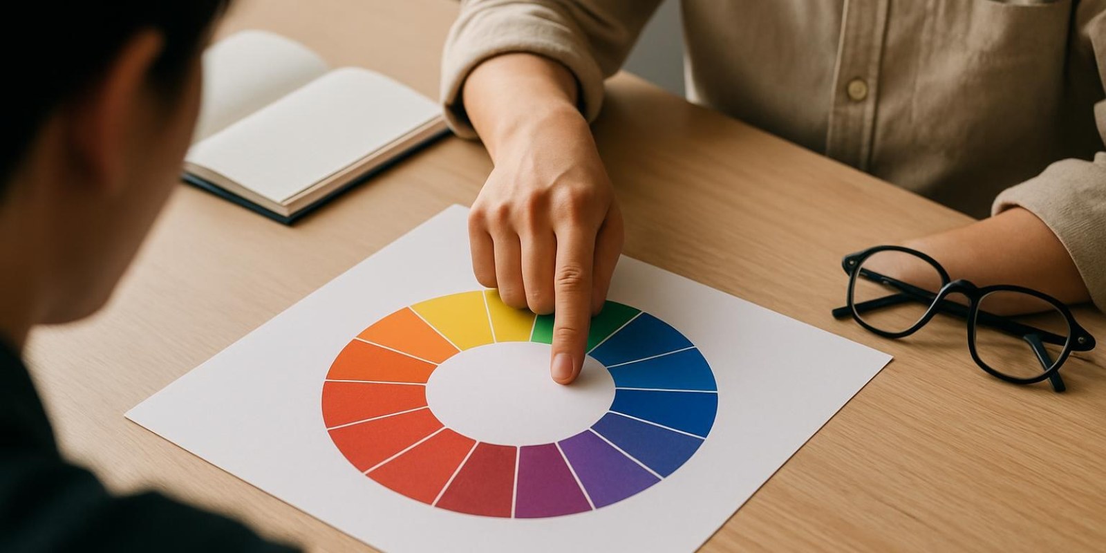 Một tay chỉ vào vòng bảng màu (color wheel) thực tế với nhiều màu cơ bản, nền mờ