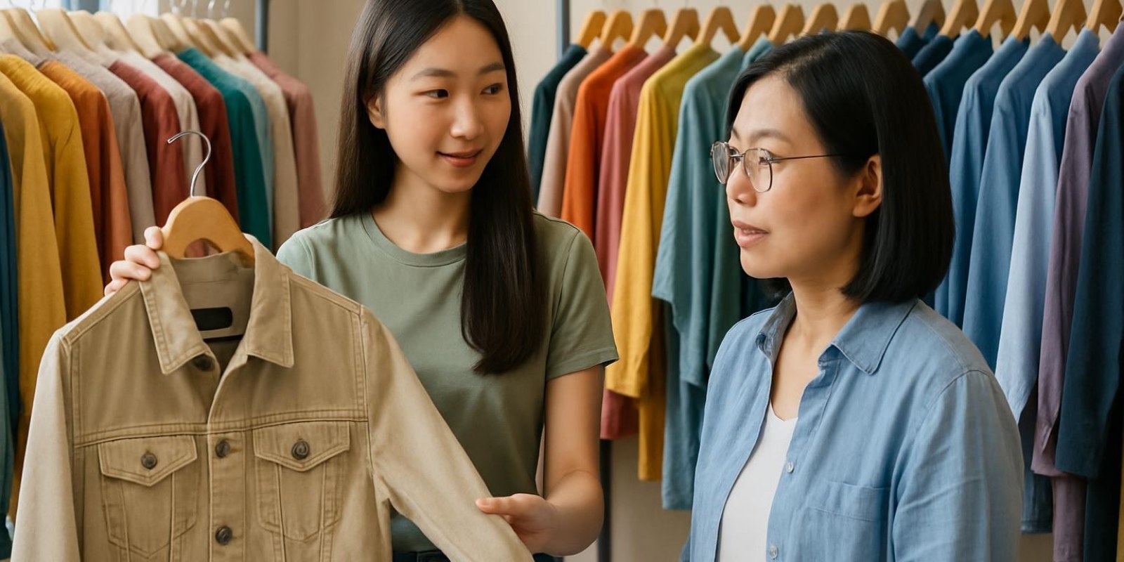 Hai người đang chọn áo trong cửa hàng quần áo, nhiều món đồ với màu sắc khác nhau treo xung quanh