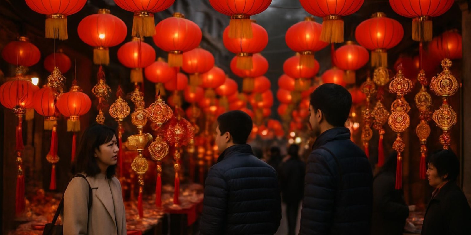 Trang trí lễ hội truyền thống với nhiều đèn lồng đỏ và đồ trang trí màu vàng, không có chữ