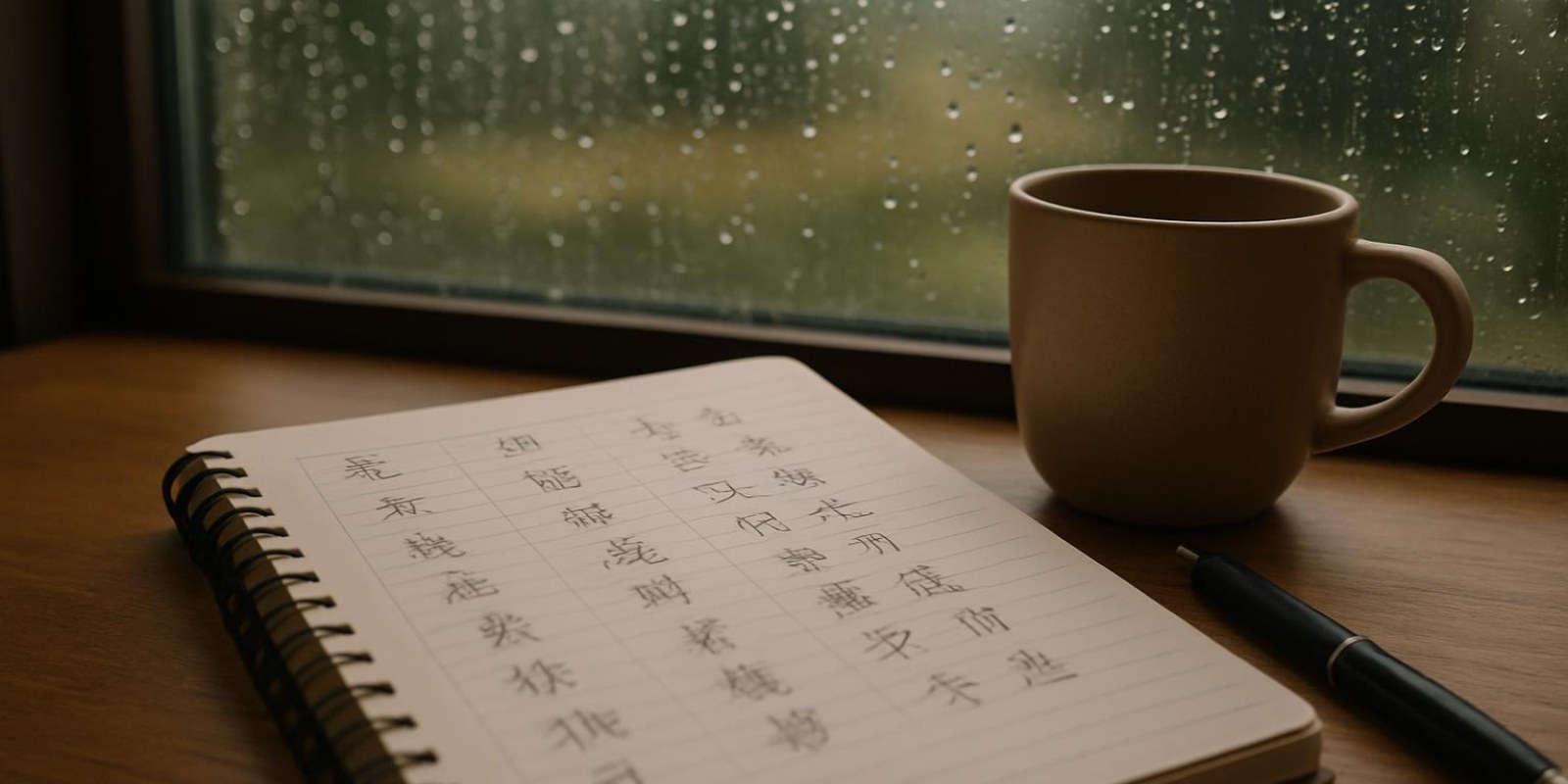 Bảng từ vựng tiếng Trung về mưa trên giấy, bút & tách cà phê bên cửa sổ mưa