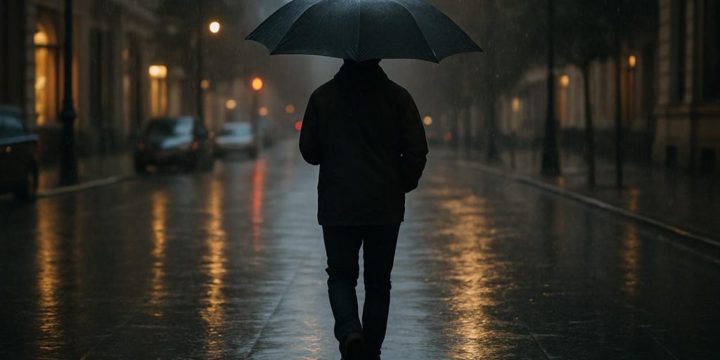 Người đang cầm ô dưới trời mưa, cảnh phố ướt và giọt nước rơi tự nhiên