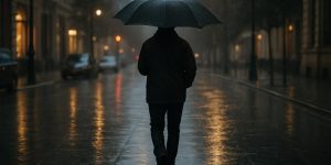 Người đang cầm ô dưới trời mưa, cảnh phố ướt và giọt nước rơi tự nhiên