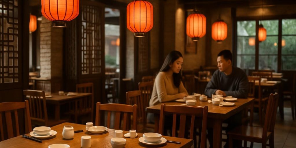 Nhà hàng tiếng trung là gì: Giải thích, từ vựng và mẫu câu cần biết 1 Bên trong nhà hàng Trung Quốc với bàn ghế, đèn lồng và bày trí ấm cúng