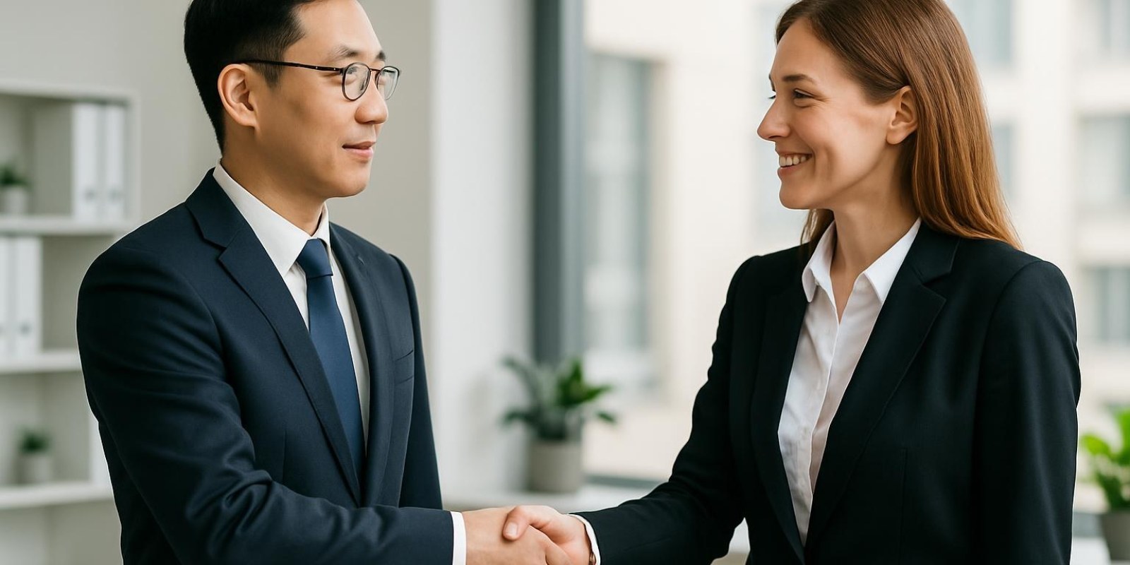 Hướng dẫn toàn diện: chào tiếng Trung — cách nói, ngữ cảnh và thực hành 3 Hai người bắt tay trong môi trường văn phòng, thể hiện lời chào trang trọng bằng tiếng Trung