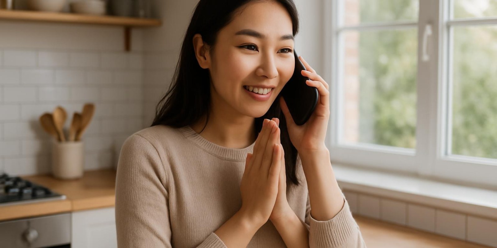 Hướng dẫn toàn diện: chào tiếng Trung — cách nói, ngữ cảnh và thực hành 4 Người phụ nữ cầm điện thoại trả lời cuộc gọi với cử chỉ chào nhẹ, trong môi trường nhà bếp sáng sủa