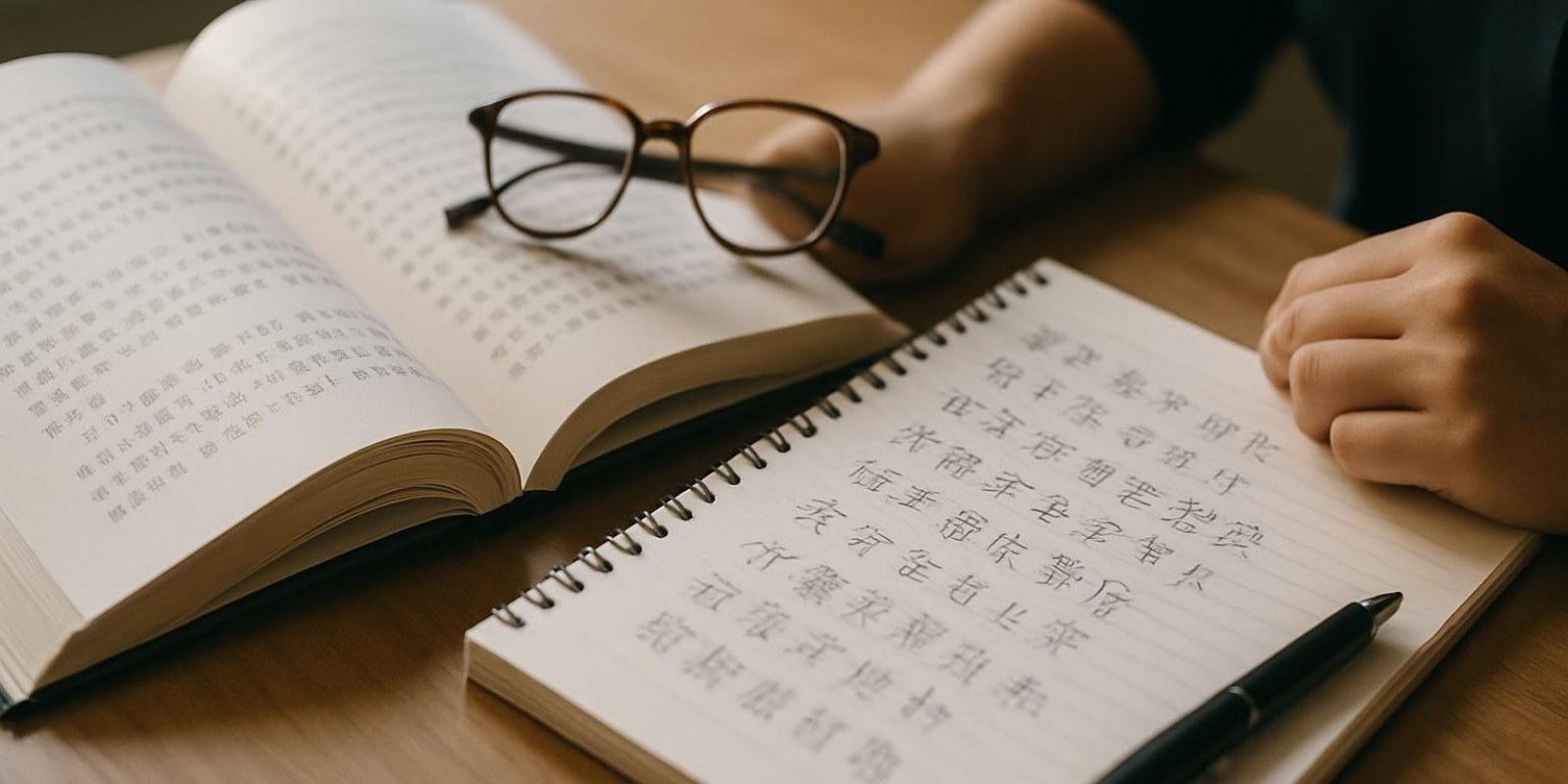 Một cuốn sách mở với các câu chữ Hán mờ, bên cạnh vài tờ giấy có ghi chú bằng tay, khung cảnh học tập tự nhiên