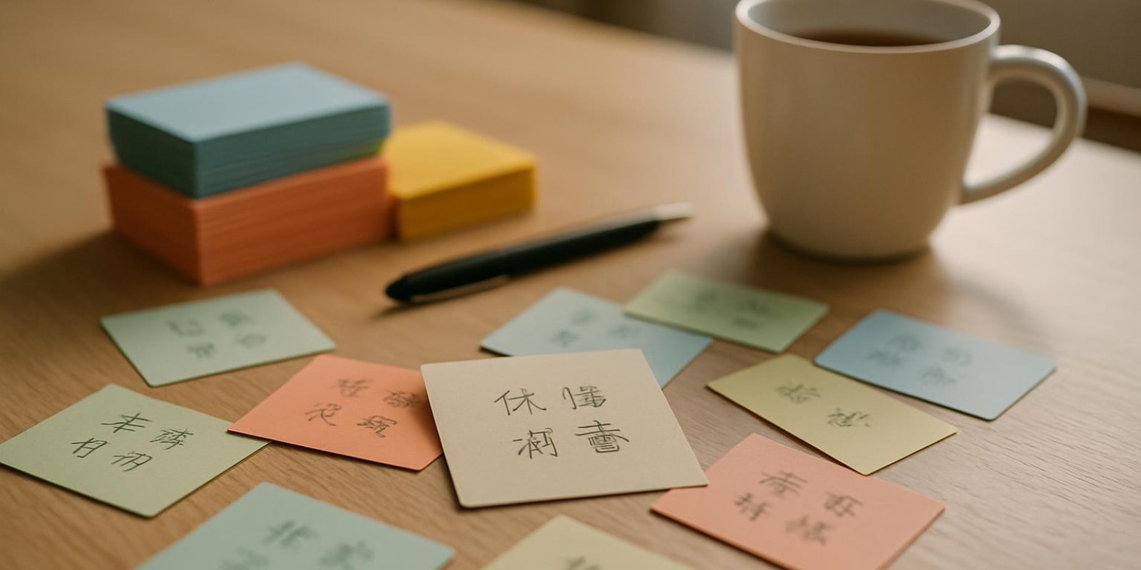 Bảng flashcard xếp gọn trên bàn, một vài thẻ màu, cây bút và cốc trà, không có chữ rõ ràng