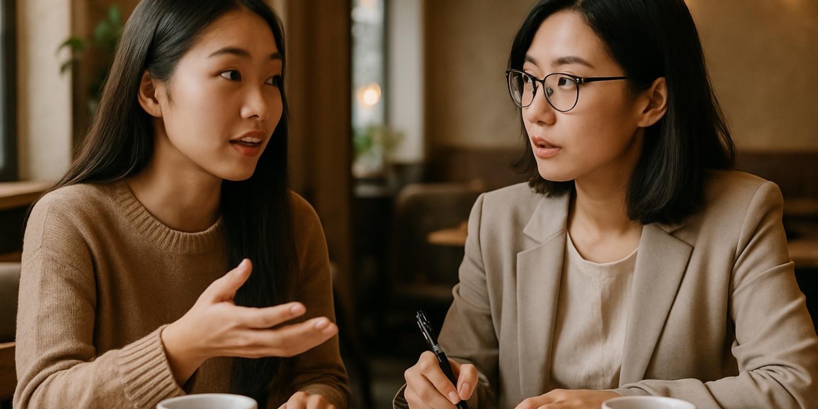 Hai người trò chuyện trong quán cà phê, biểu cảm trao đổi và ghi chú, khung cảnh tự nhiên