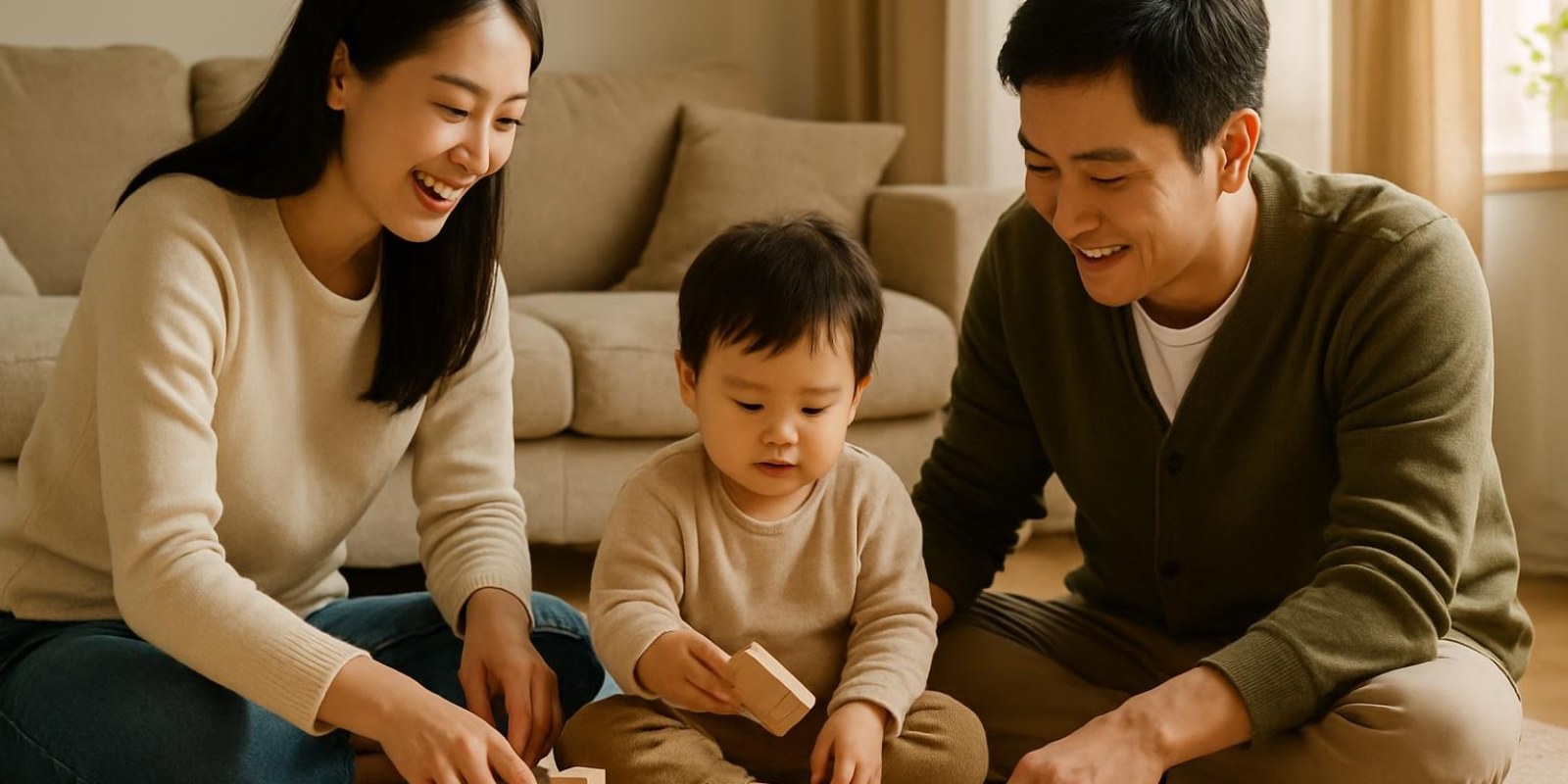 Vợ trong tiếng Trung: cách nói, xưng hô và ví dụ thực tế 3 Cảnh một gia đình nhỏ quây quần, vợ chồng và đứa trẻ chơi cùng nhau trong phòng khách, hình ảnh chân thực