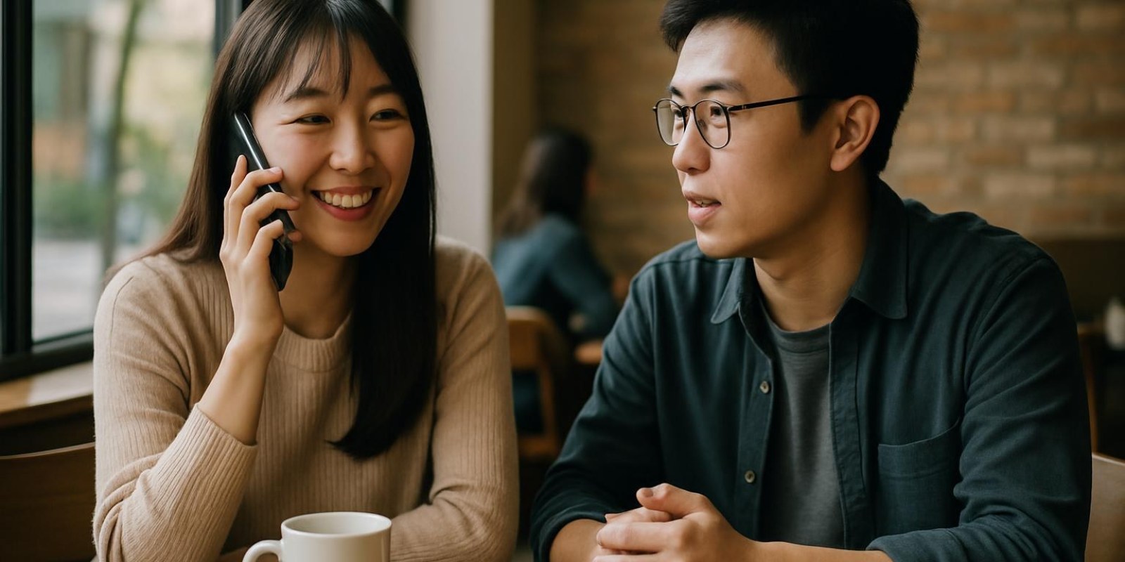 Vợ trong tiếng Trung: cách nói, xưng hô và ví dụ thực tế 4 Hai người trò chuyện với nhau tại quán cà phê, một người gọi điện cho người thân, phong cách đời thường, không chữ trên ảnh