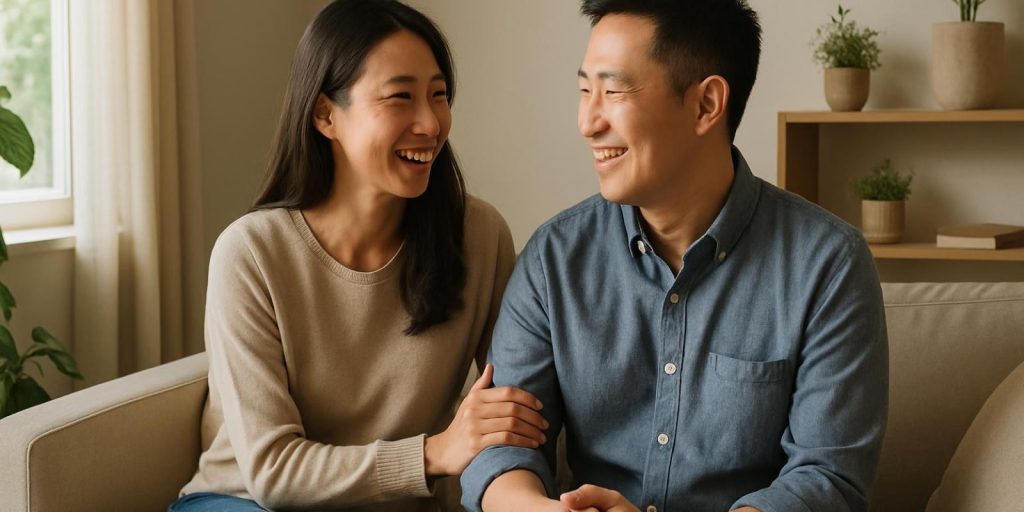 Vợ trong tiếng Trung: cách nói, xưng hô và ví dụ thực tế 1 Cặp vợ chồng chụp ảnh tự nhiên trong phòng khách ấm cúng, ánh sáng ban ngày, không có chữ trên ảnh
