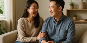 Cặp vợ chồng chụp ảnh tự nhiên trong phòng khách ấm cúng, ánh sáng ban ngày, không có chữ trên ảnh