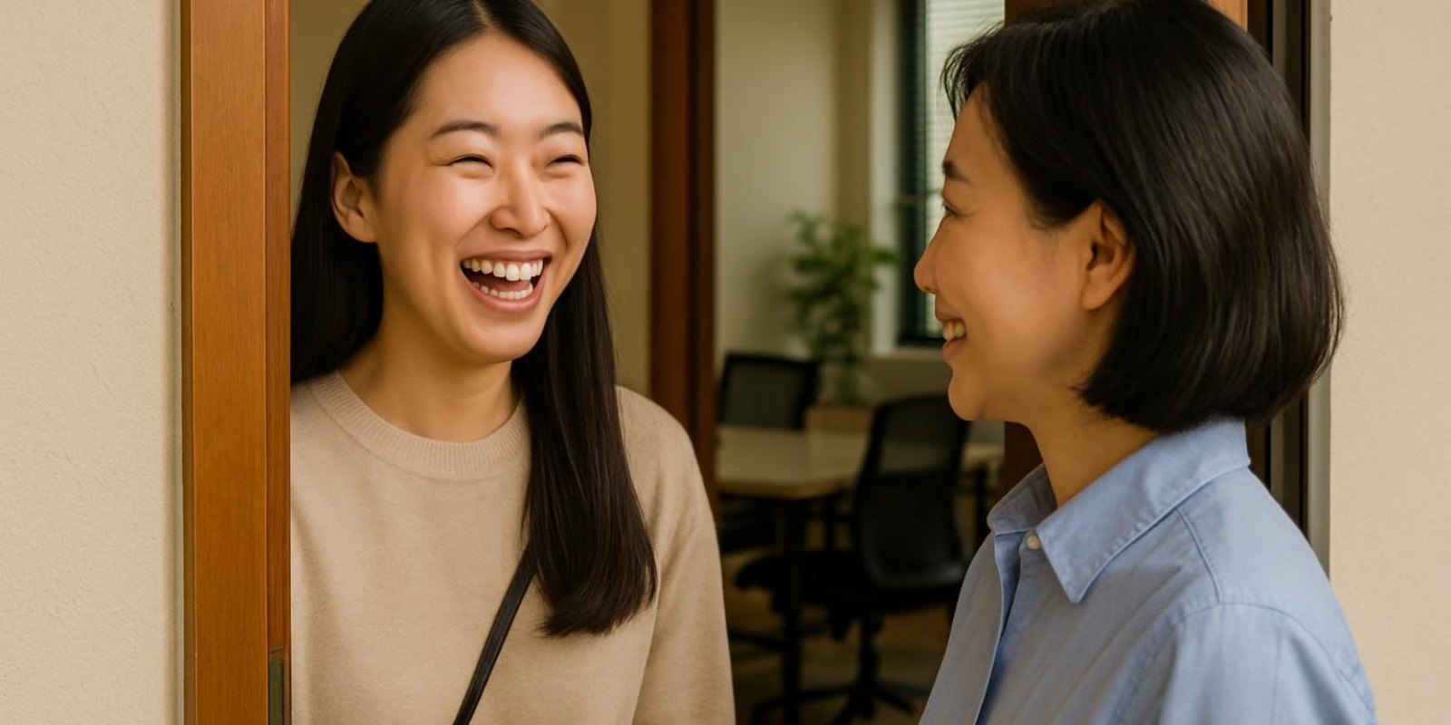 Một người nói chuyện vui vẻ với người khác trước cửa nhà, cười thân thiện