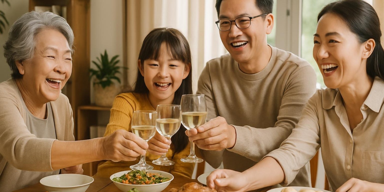Một gia đình hoặc nhóm bạn ăn mừng, không khí vui vẻ, mọi người cười vui