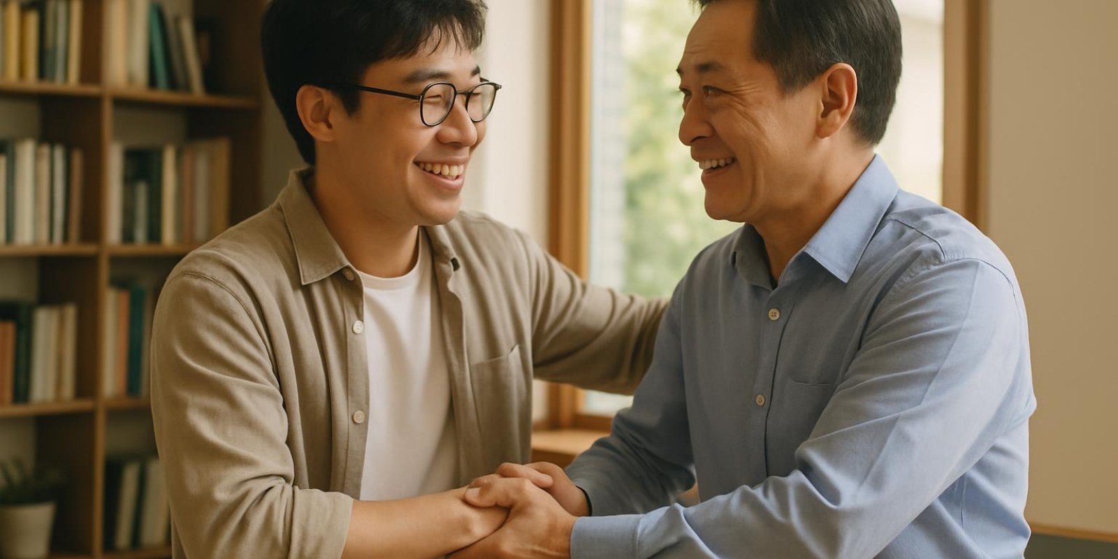 Một người đang chúc mừng người khác bằng bắt tay hoặc ôm nhẹ, bối cảnh thân mật
