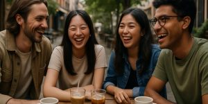 Những người bạn cười vui vẻ trong quán cà phê ngoài trời, ánh sáng tự nhiên, biểu cảm thân mật