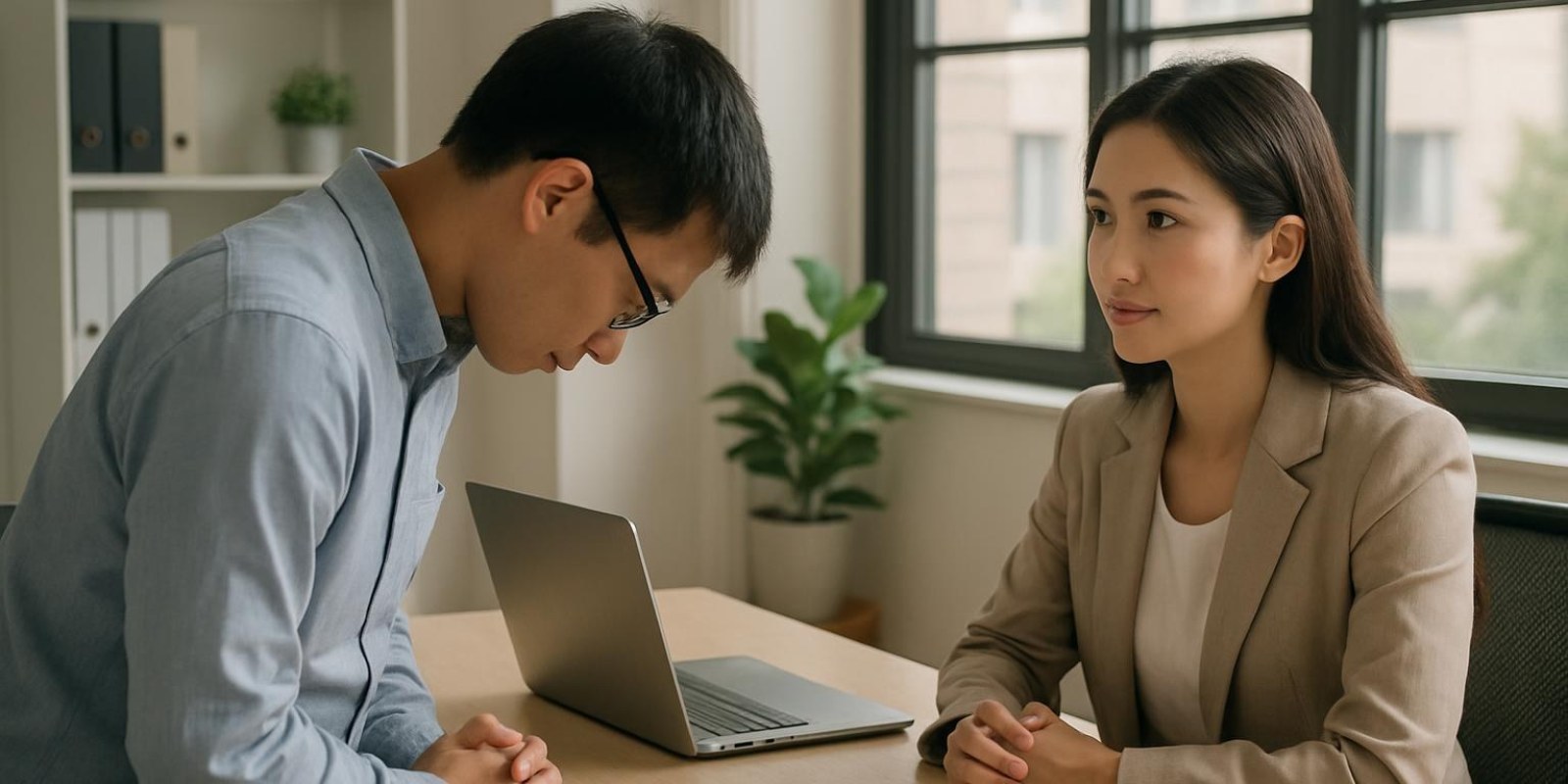 Một người đang xin lỗi đồng nghiệp trong văn phòng, biểu cảm chân thành, không có chữ trên ảnh