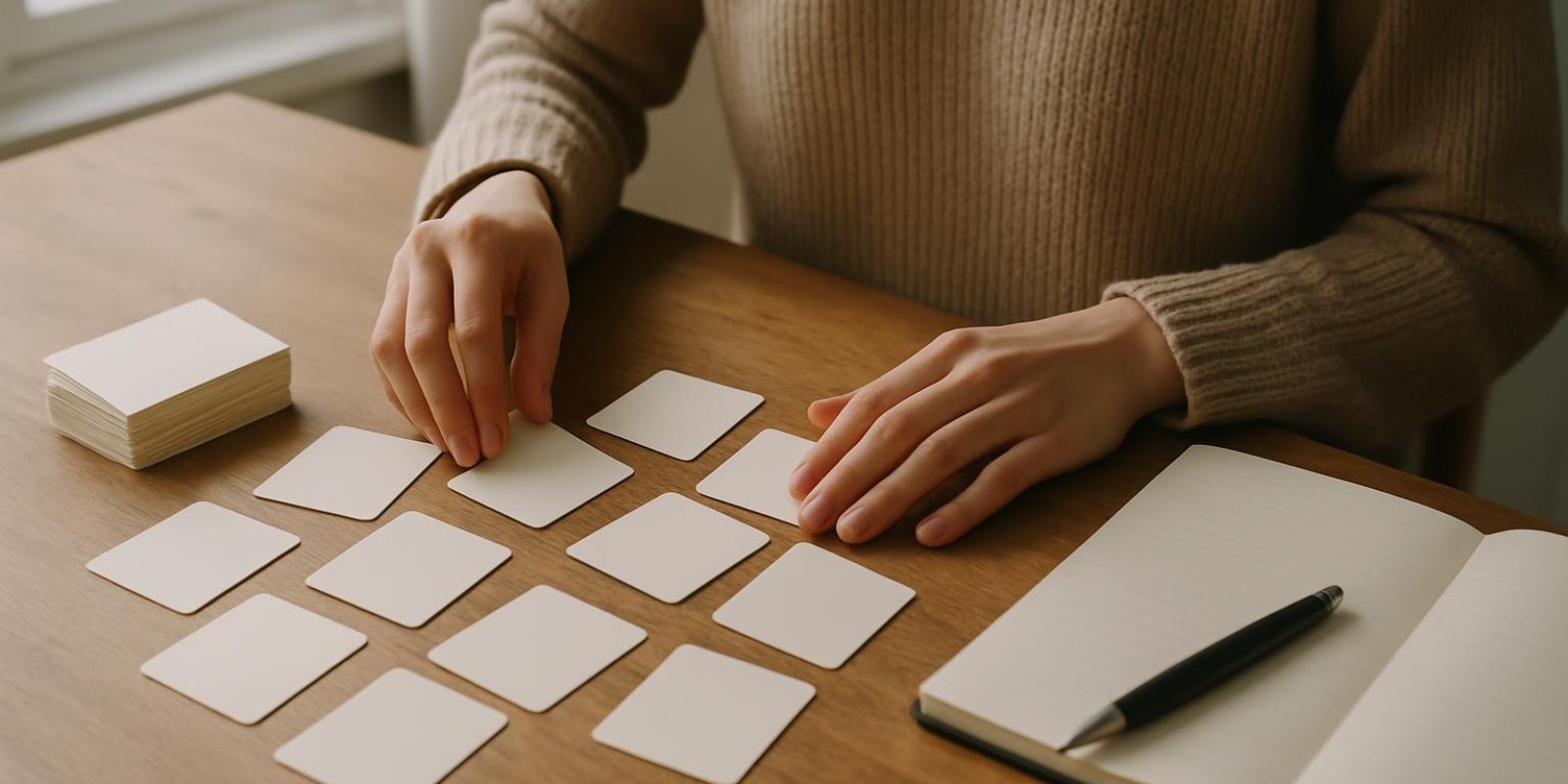 Người học ở bàn với thẻ học (flashcards) đặt ngửa để không thấy chữ, bút và sổ tay, không có chữ trên ảnh