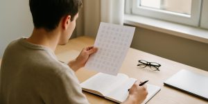 Người học tiếng Trung đang cầm ngang tờ giấy ghi các từ xin lỗi, ngồi tại bàn học trong phòng sáng, biểu cảm chăm chú